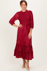 Burgundy Pleated Satin Smocked Bodice Midi Dress