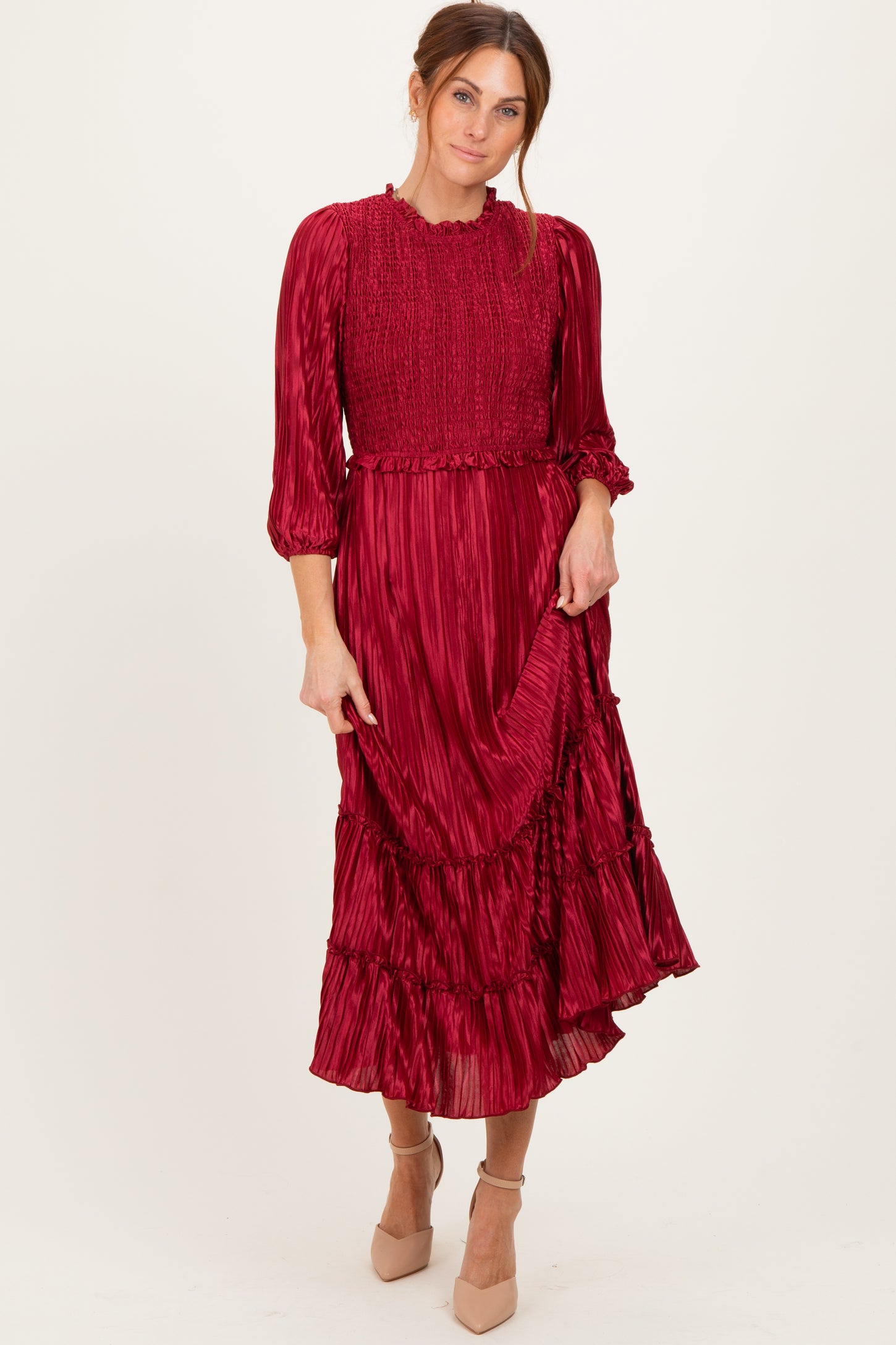 Burgundy Pleated Satin Smocked Bodice Midi Dress