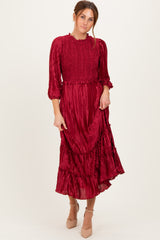 Burgundy Pleated Satin Smocked Bodice Midi Dress