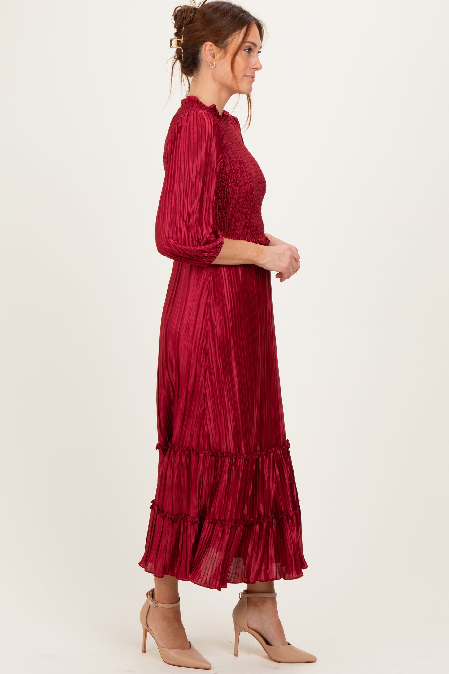 Burgundy Pleated Satin Smocked Bodice Midi Dress