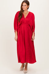 Red Satin Pleated V-Neck Maxi Dress