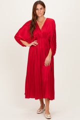 Red Satin Pleated V-Neck Maxi Dress
