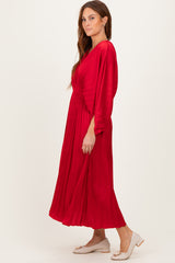 Red Satin Pleated V-Neck Maxi Dress