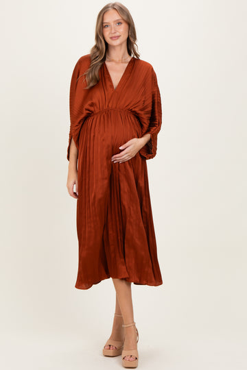 Brown Satin Pleated V-Neck Maternity Maxi Dress