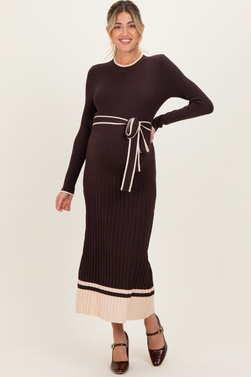 Brown Ribbed Midi Sweater Dress With Belt