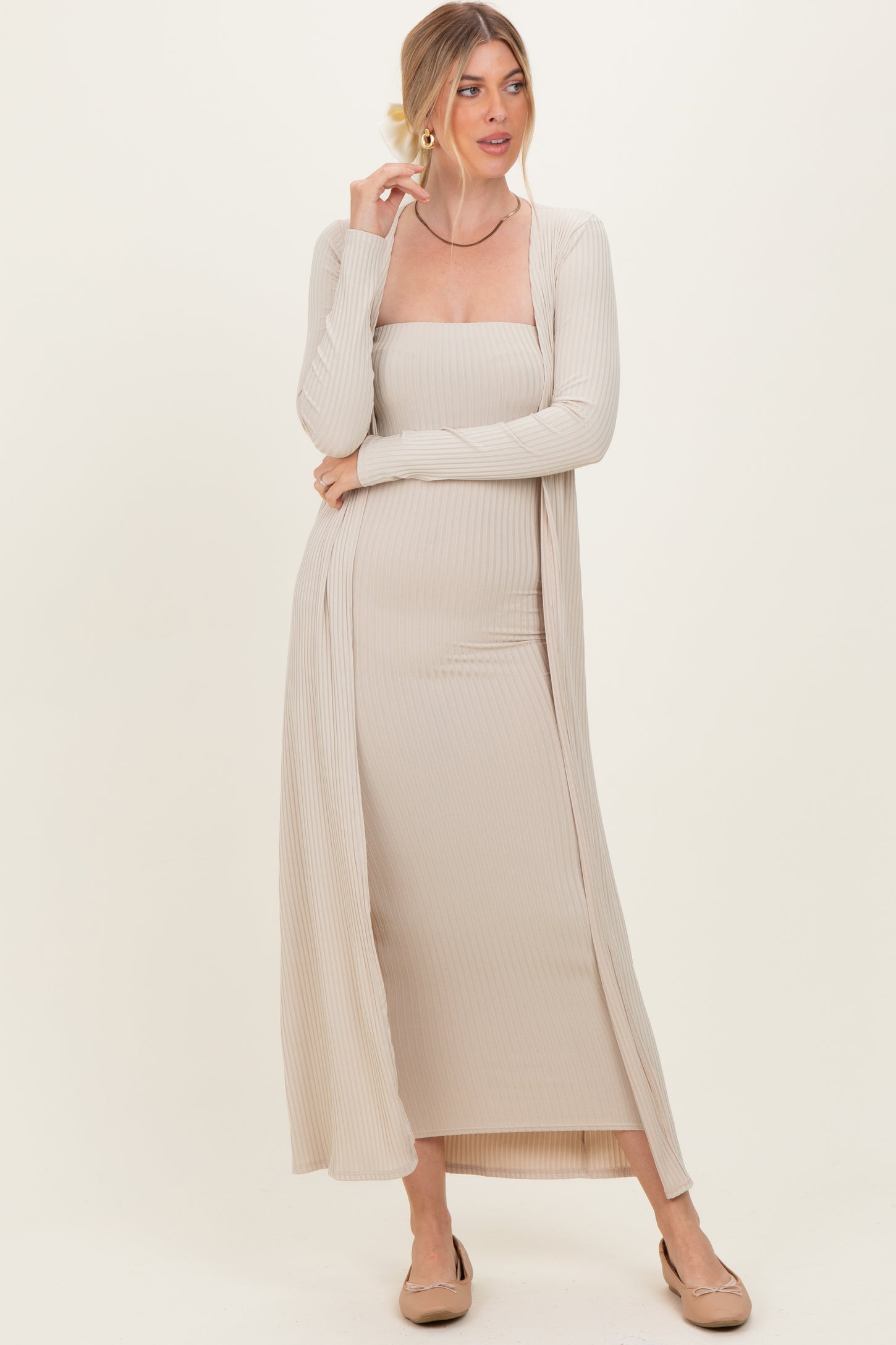 Taupe Ribbed Sleeveless Dress Cardigan Maternity Set