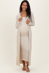 Taupe Ribbed Sleeveless Dress Cardigan Maternity Set