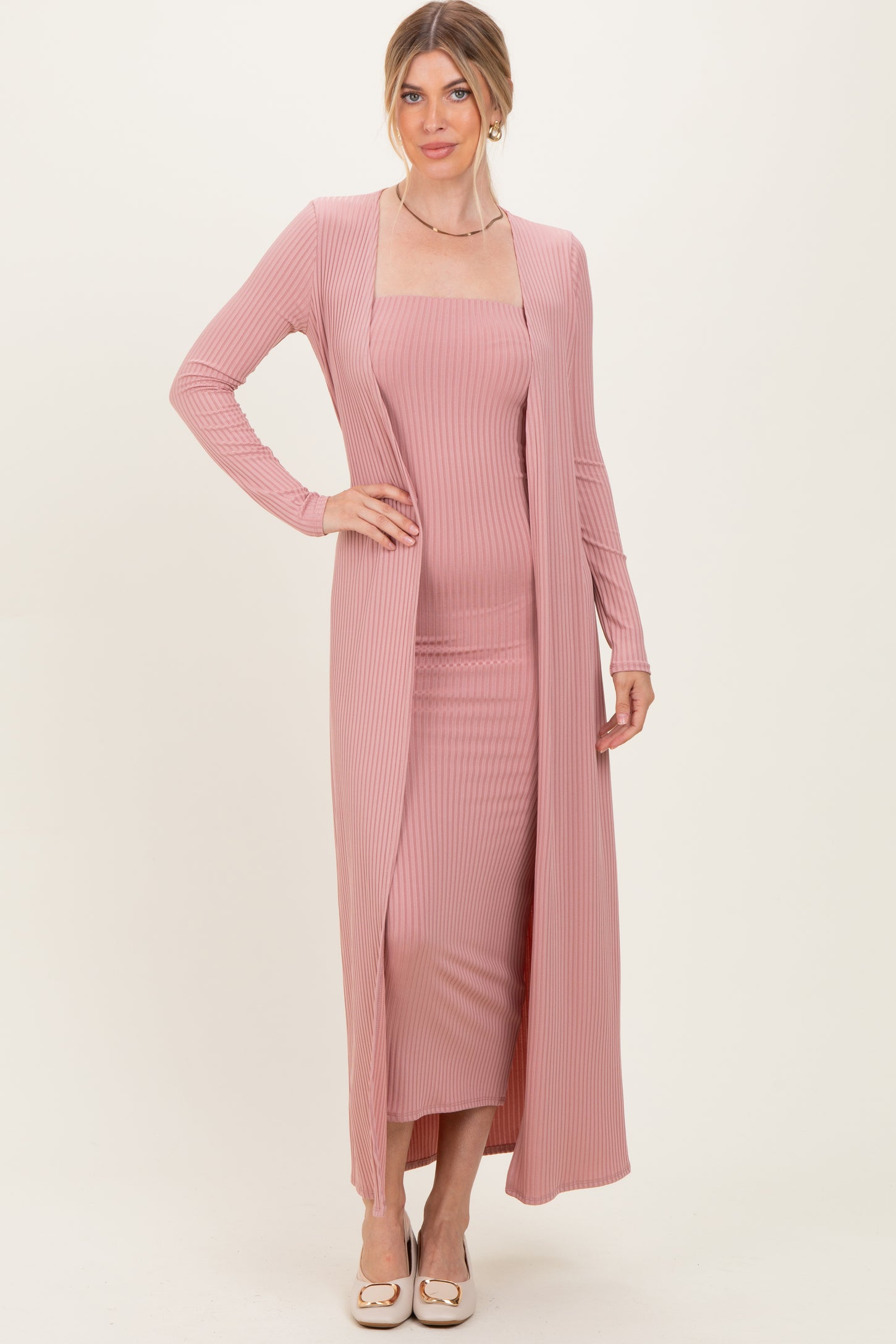 Mauve Ribbed Sleeveless Dress Cardigan Maternity Set