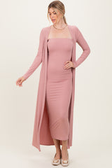 Mauve Ribbed Sleeveless Dress Cardigan Set