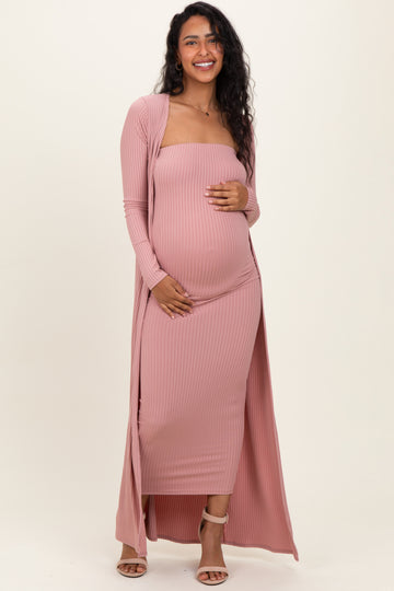 Mauve Ribbed Sleeveless Dress Cardigan Maternity Set