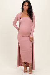 Mauve Ribbed Sleeveless Dress Cardigan Maternity Set