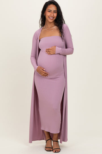 Violet Ribbed Sleeveless Dress Cardigan Maternity Set