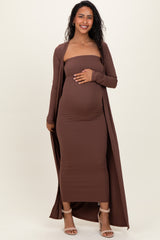Brown Ribbed Sleeveless Dress Cardigan Maternity Set