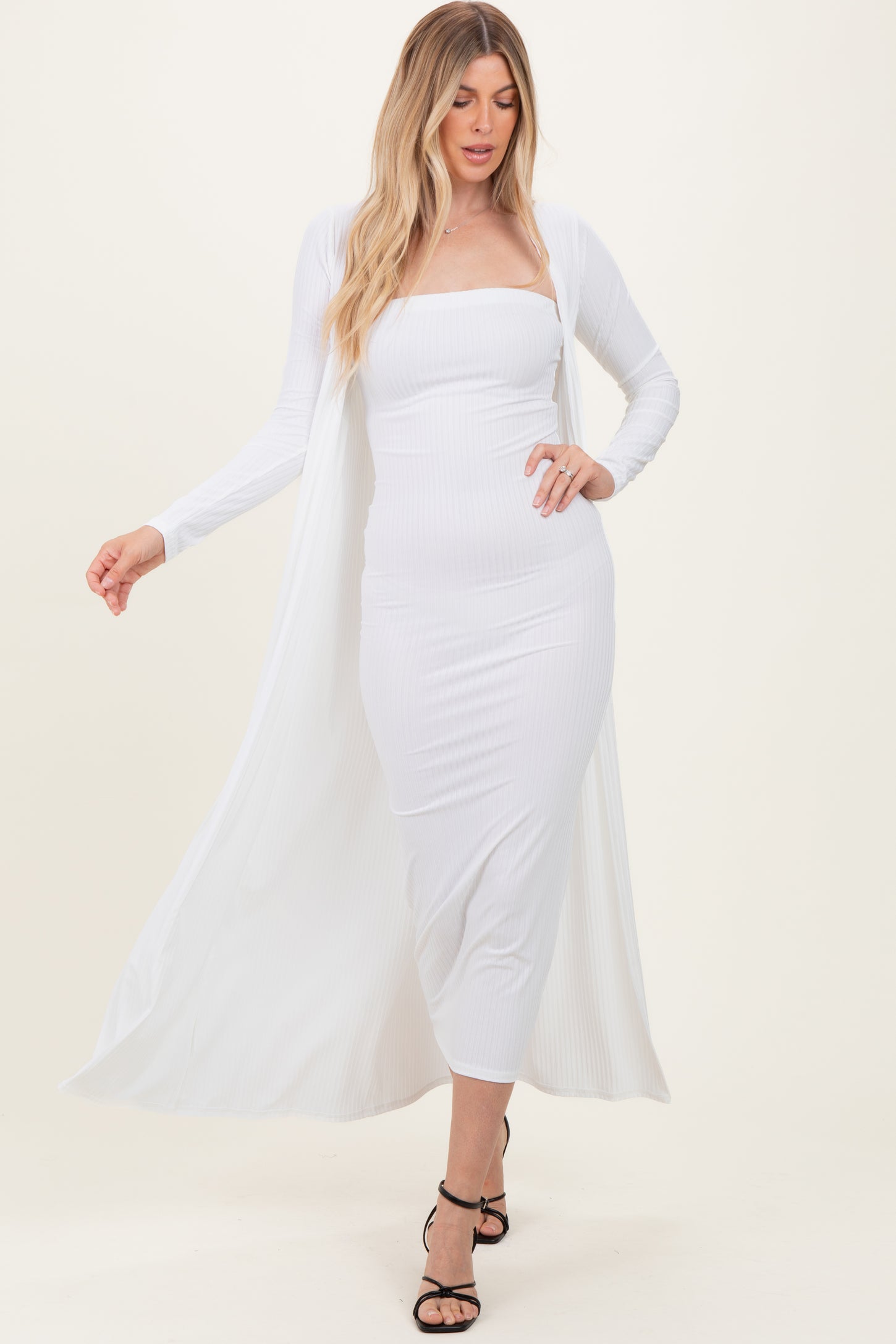 Ivory Ribbed Sleeveless Dress Cardigan Set