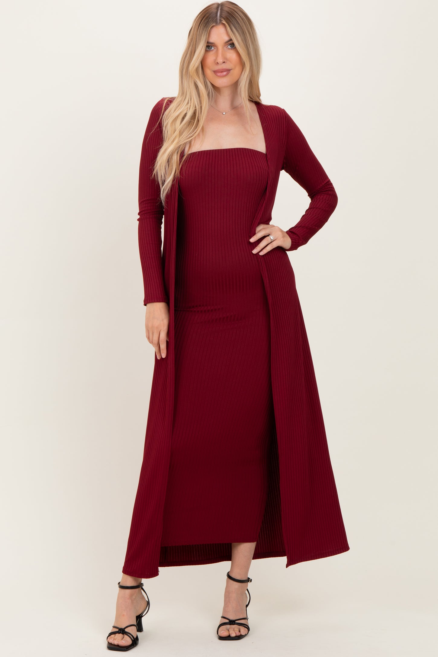 Burgundy Ribbed Sleeveless Dress Cardigan Set