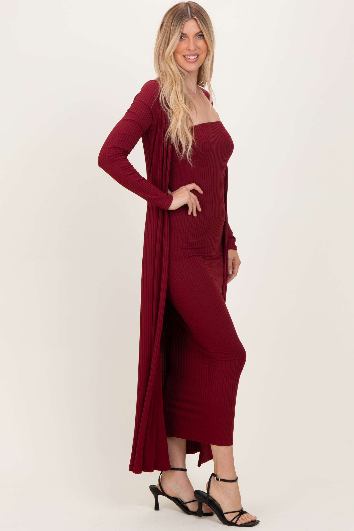 Burgundy Ribbed Sleeveless Dress Cardigan Set
