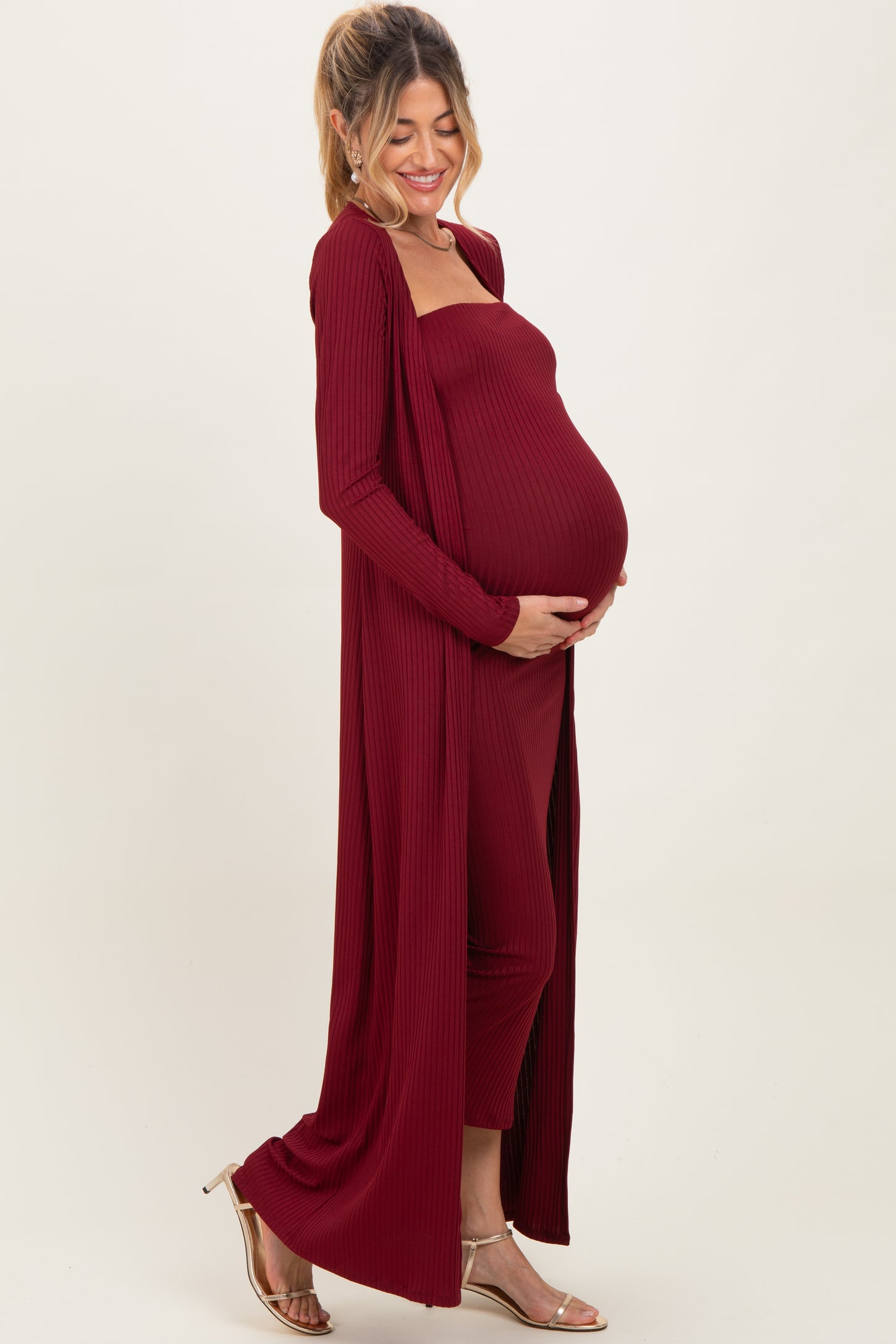 Burgundy Ribbed Sleeveless Dress Cardigan Maternity Set