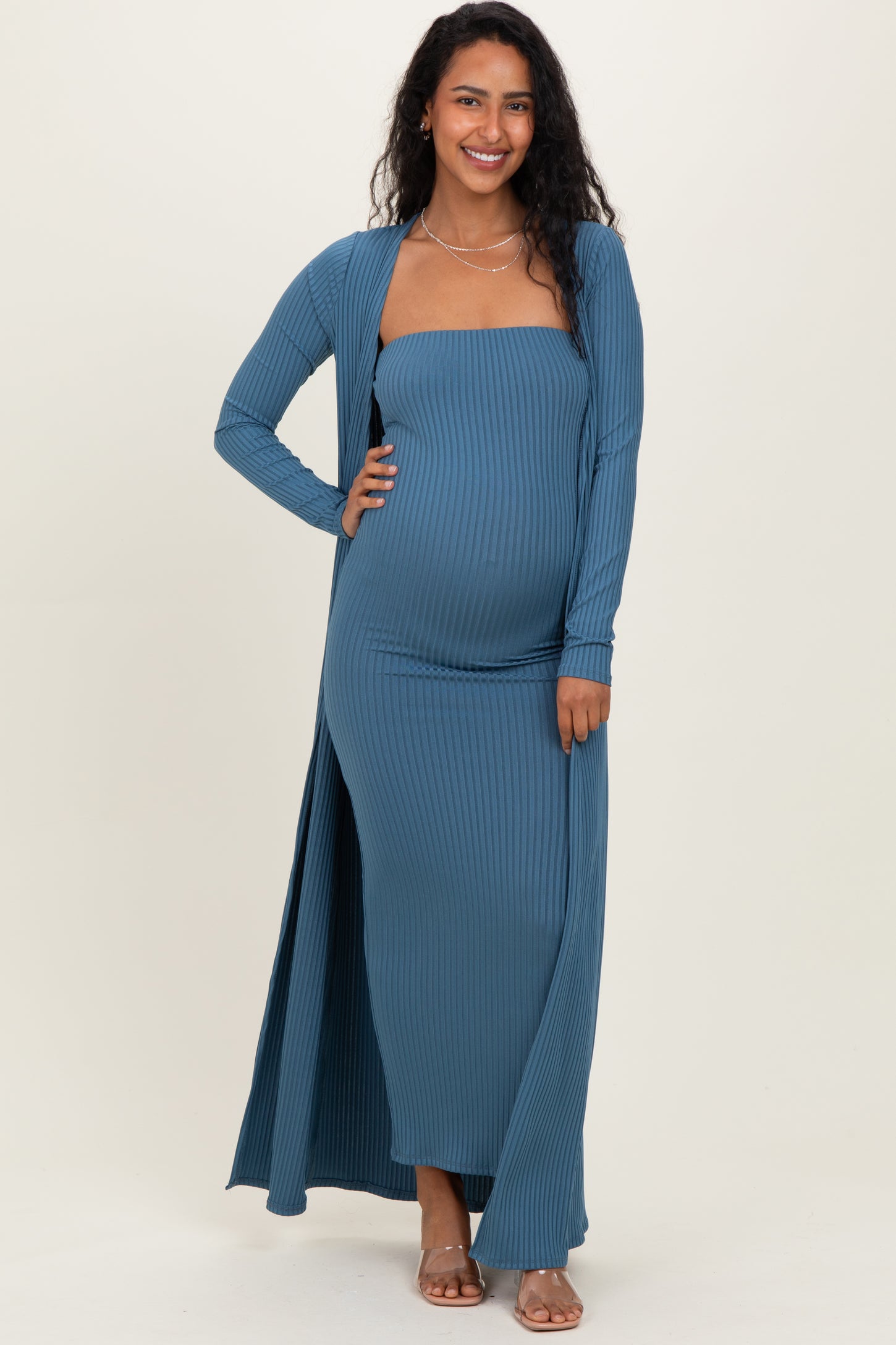 Navy Ribbed Sleeveless Dress Cardigan Maternity Set