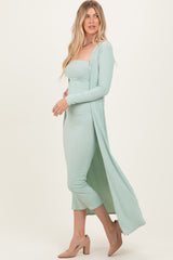 Sage Ribbed Sleeveless Dress Cardigan Set