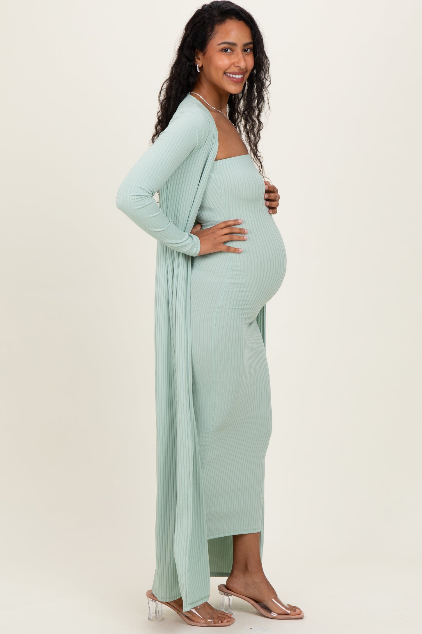 Sage Ribbed Sleeveless Dress Cardigan Maternity Set