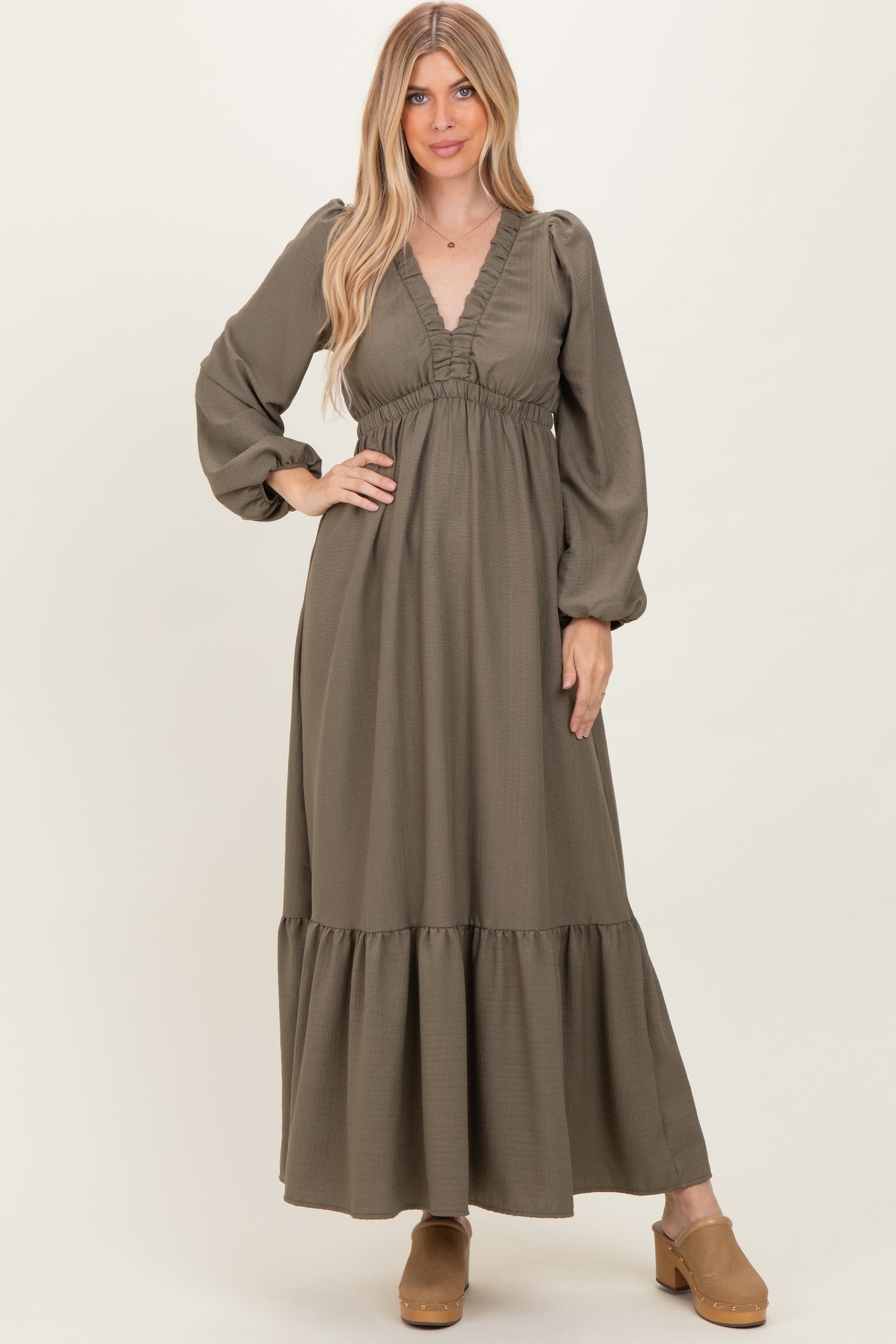 Forest Green Long Sleeve V-Neck Tiered Maxi Dress