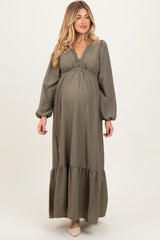 Forest Green Long Sleeve V-Neck Tiered Maternity Maxi Dress