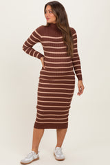 Brown Striped Turtleneck Maternity Midi Sweater Dress