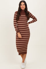 Brown Striped Turtleneck Midi Sweater Dress