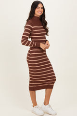 Brown Striped Turtleneck Midi Sweater Dress