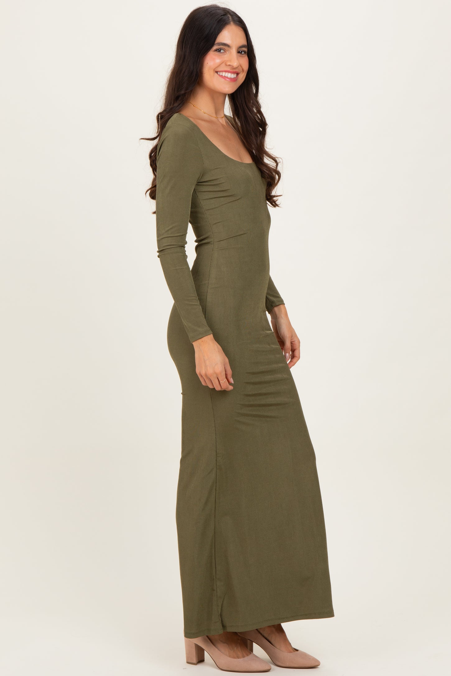 Olive Square Neck Long Sleeve Maxi Dress