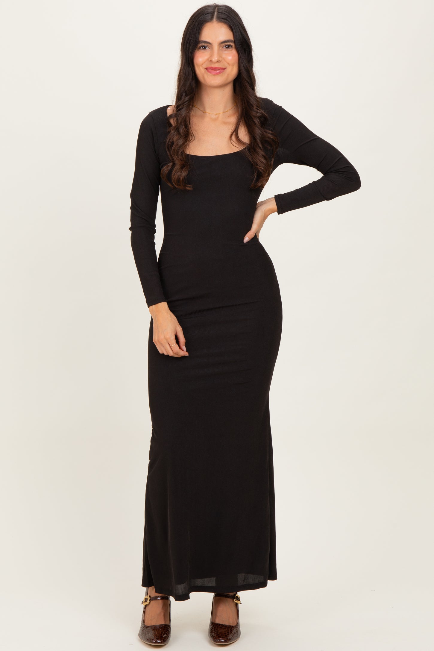 Black Square Neck Long Sleeve Maxi Dress