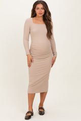 Beige Ribbed Ruched Maternity Midi Dress