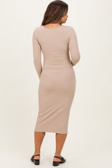 Beige Ribbed Ruched Maternity Midi Dress
