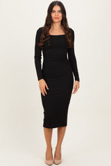 Black Ribbed Ruched Maternity Midi Dress