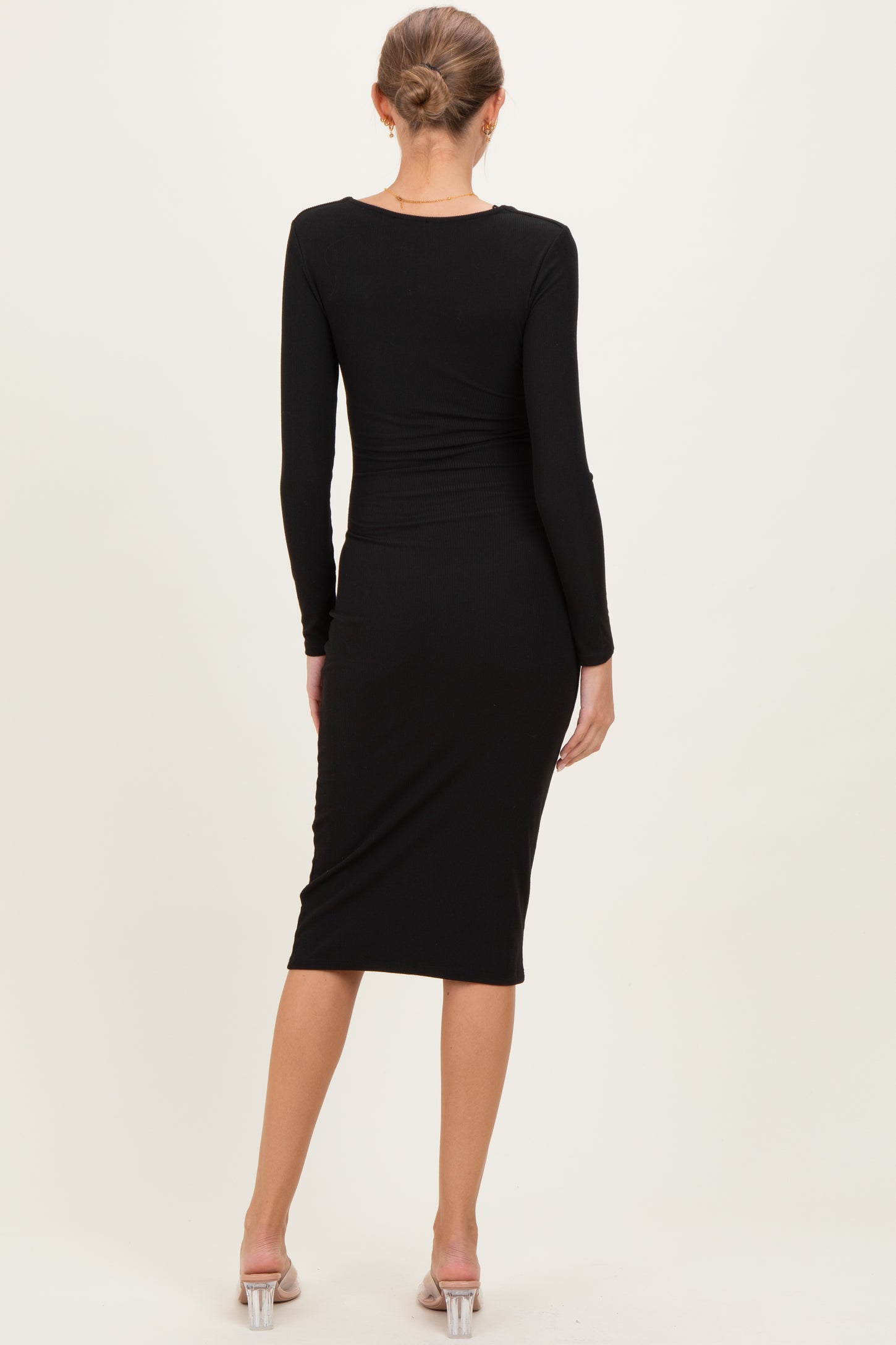 Black Ribbed Ruched Maternity Midi Dress