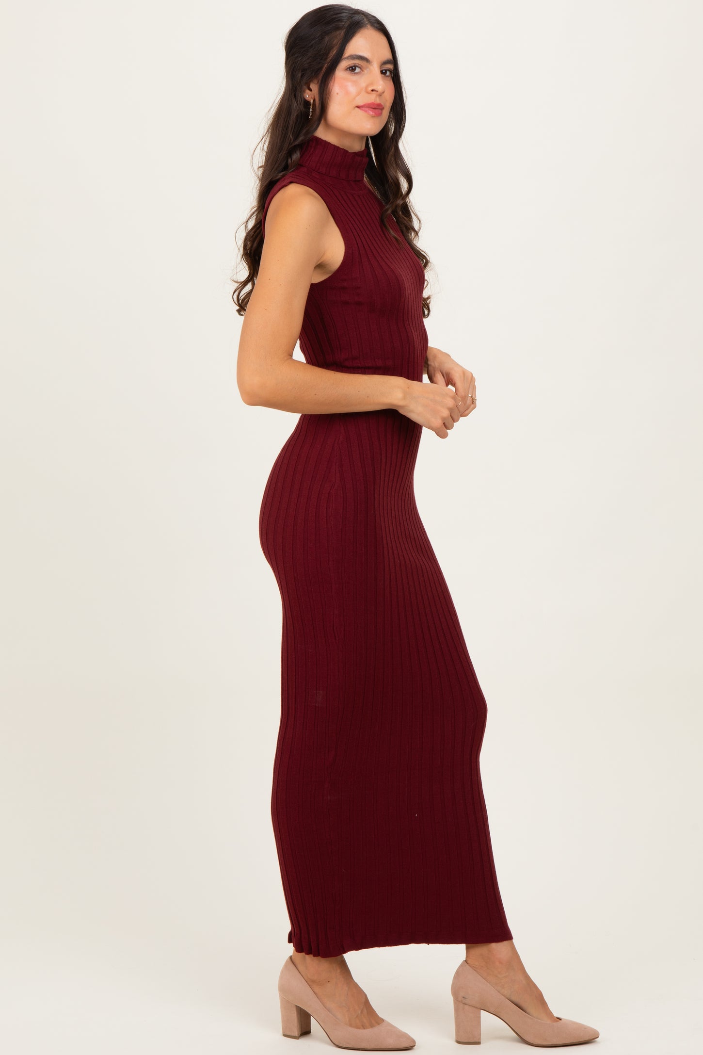 Wine Turtleneck Ribbed Knit Sleeveless Maxi Dress