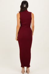 Wine Turtleneck Ribbed Knit Sleeveless Maxi Dress