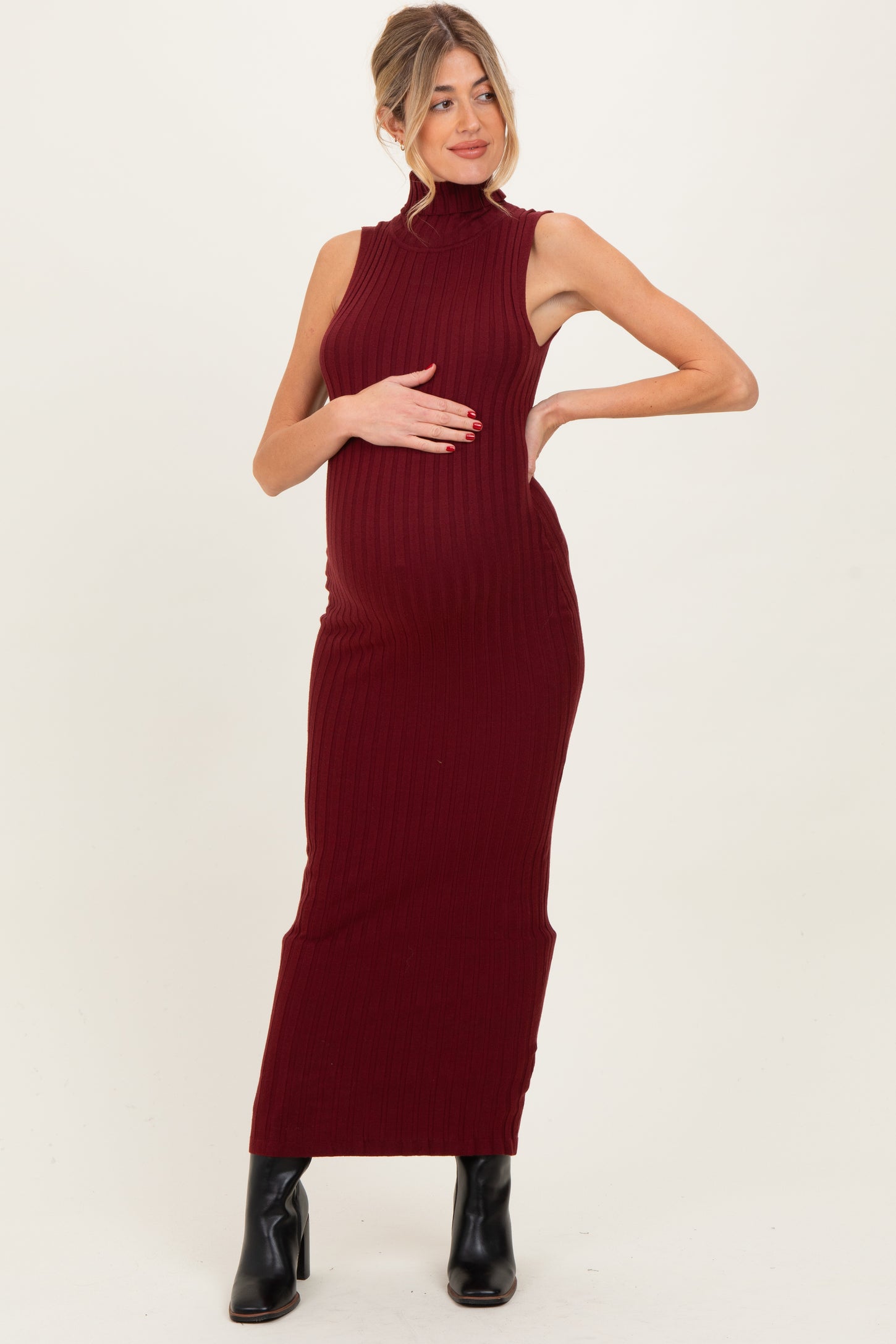 Wine Turtleneck Ribbed Knit Sleeveless Maternity Maxi Dress