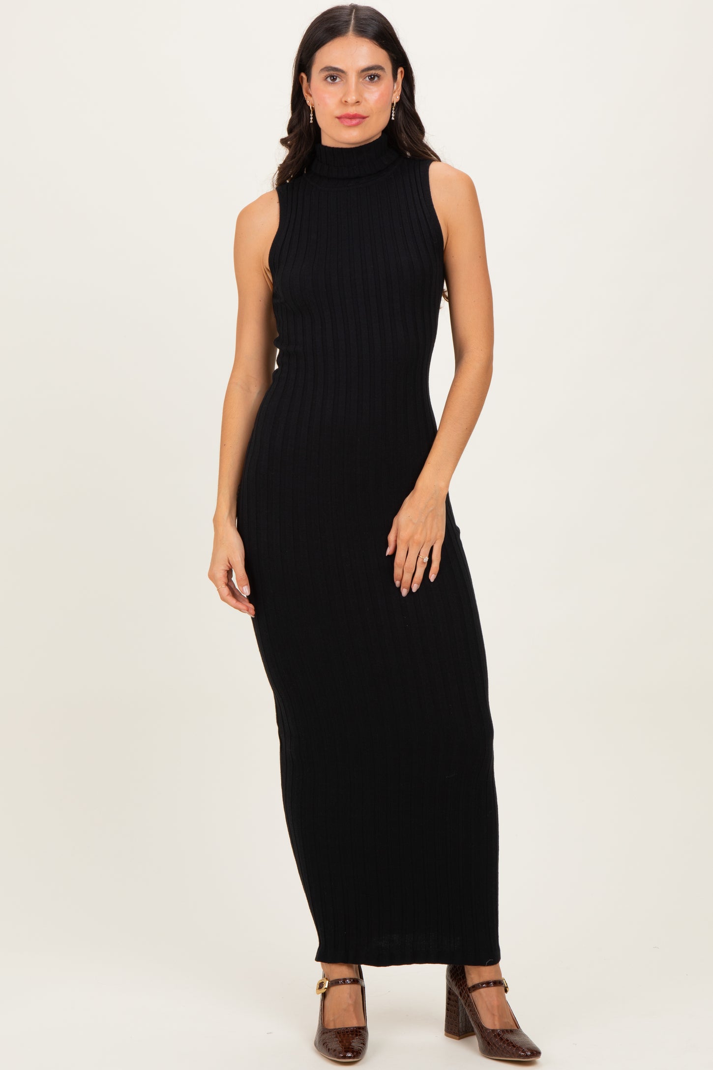 Black Turtleneck Ribbed Knit Sleeveless Maternity Maxi Dress
