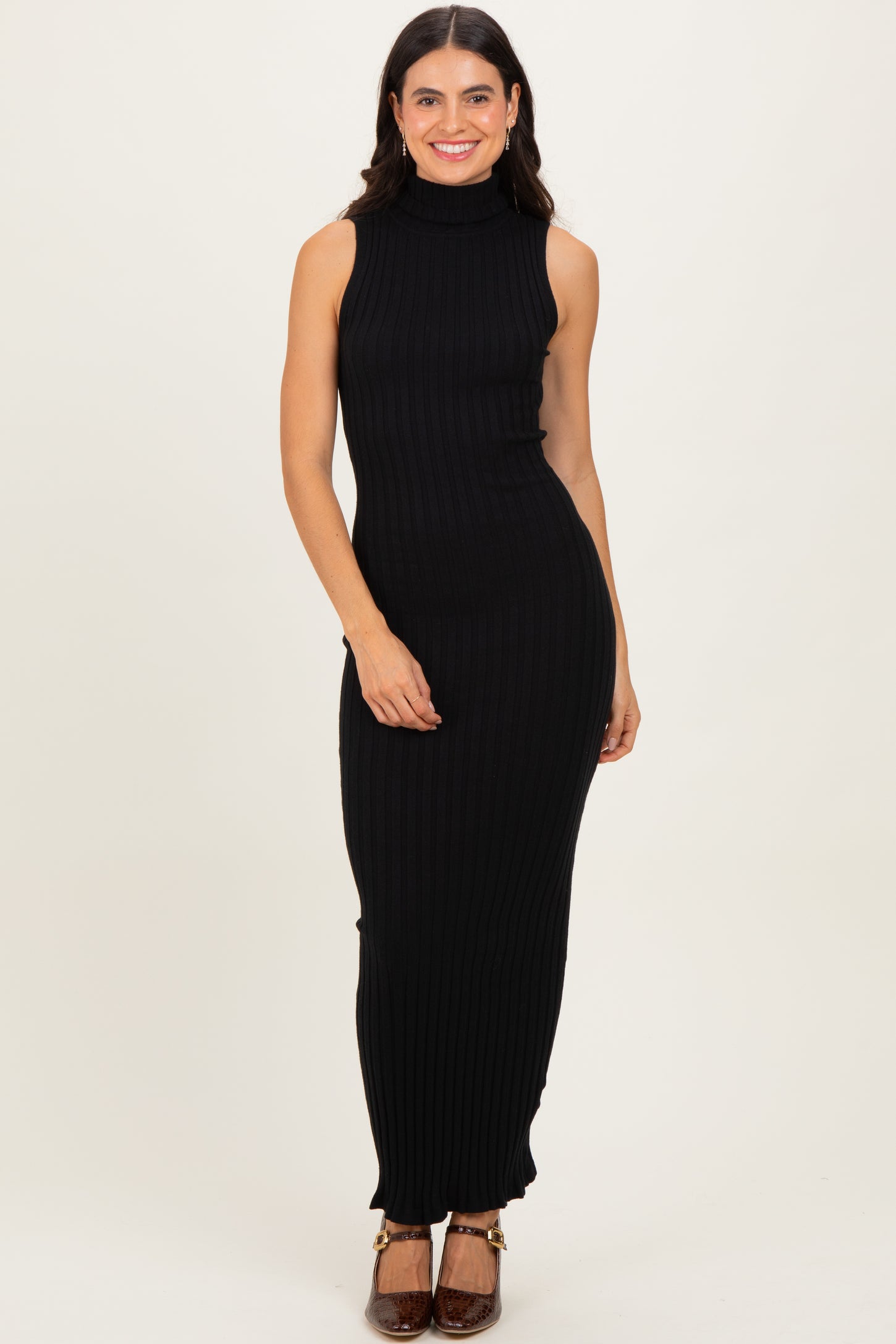Black Turtleneck Ribbed Knit Sleeveless Maxi Dress