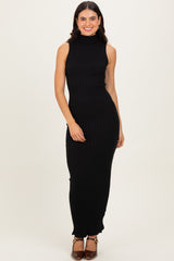 Black Turtleneck Ribbed Knit Sleeveless Maxi Dress