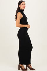 Black Turtleneck Ribbed Knit Sleeveless Maxi Dress