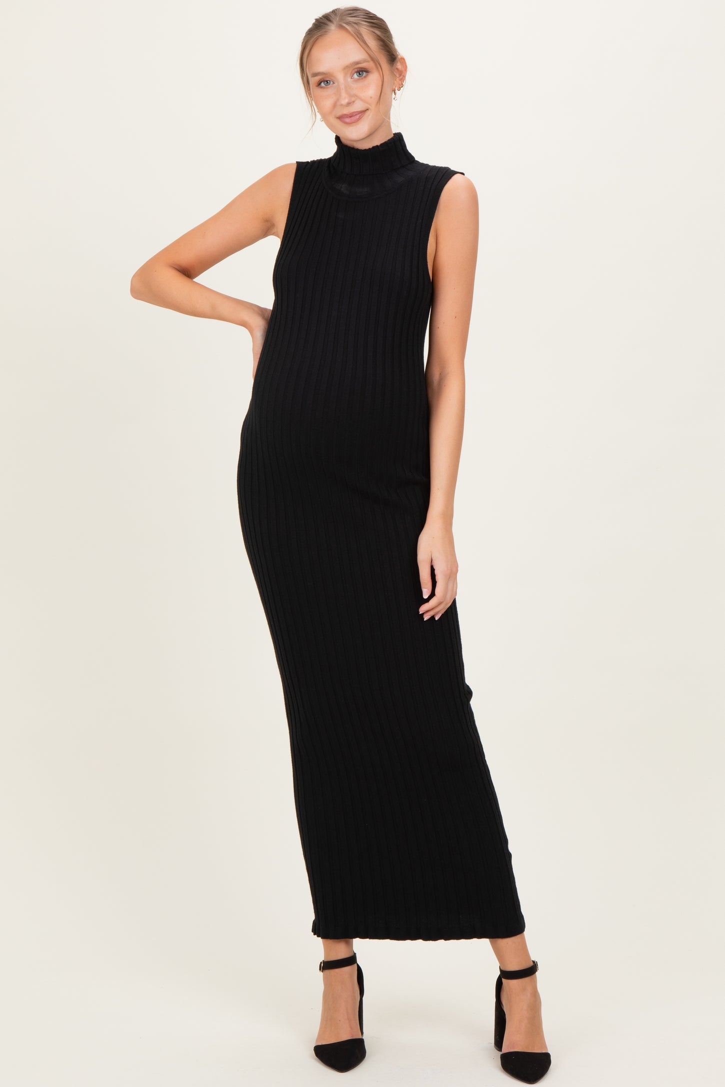 Black Turtleneck Ribbed Knit Sleeveless Maternity Maxi Dress