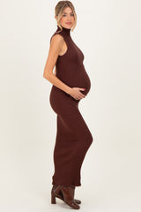 Brown Turtleneck Ribbed Knit Sleeveless Maternity Maxi Dress