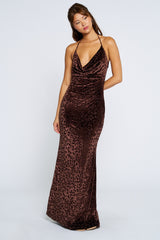Brown Animal Print Halter Maternity Maxi Dress