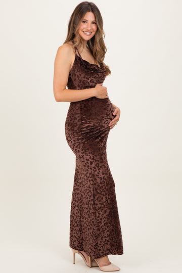 Brown Animal Print Halter Maternity Maxi Dress