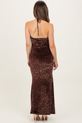 Brown Animal Print Halter Maternity Maxi Dress