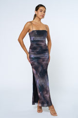 Charcoal Printed Mesh Ruched Sleeveless Maxi Dress
