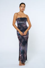 Charcoal Printed Mesh Ruched Sleeveless Maxi Dress