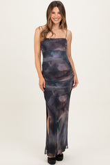 Charcoal Printed Mesh Ruched Sleeveless Maternity Maxi Dress